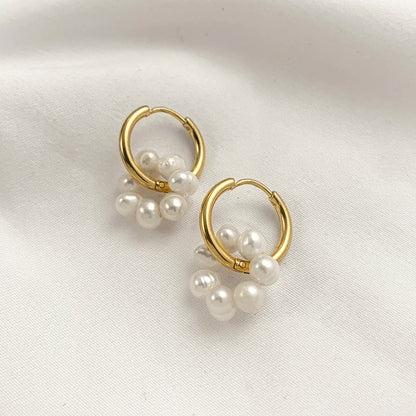 Trendy Asymmetry Pearl Drop Earrings | Stainless Steel Huggie Hoops for Women