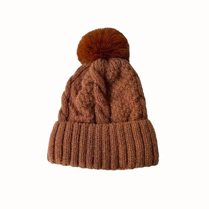 New Winter Twist Knitting Hat For Women Fur Pompom Thick Plush Cap Beanie Solid Color Ladies Warm Ski Snow Skullies Beanies