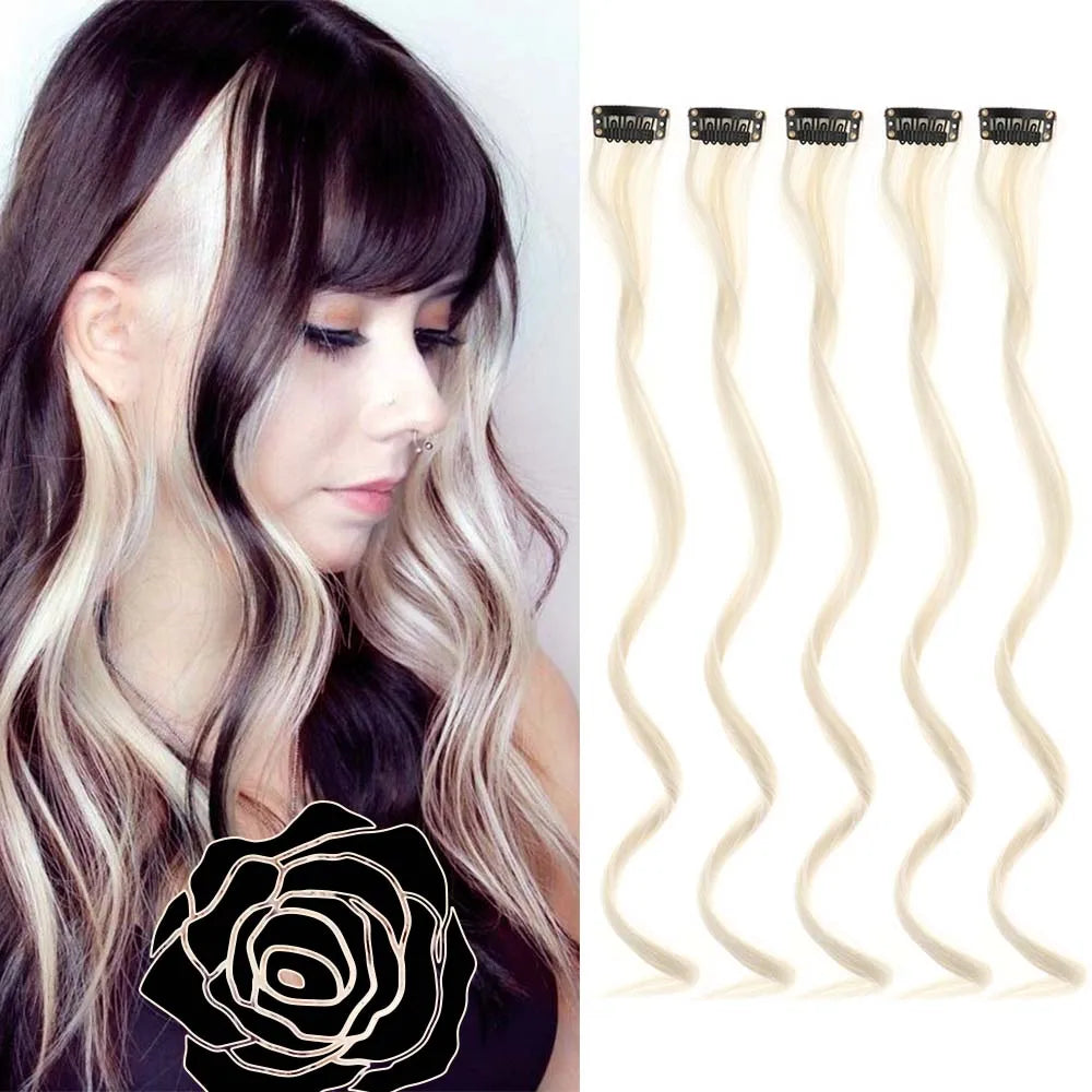 18 Inch Curly Clip In Hair Extensions Set | Colorful Highlight Synthetic Hairpieces