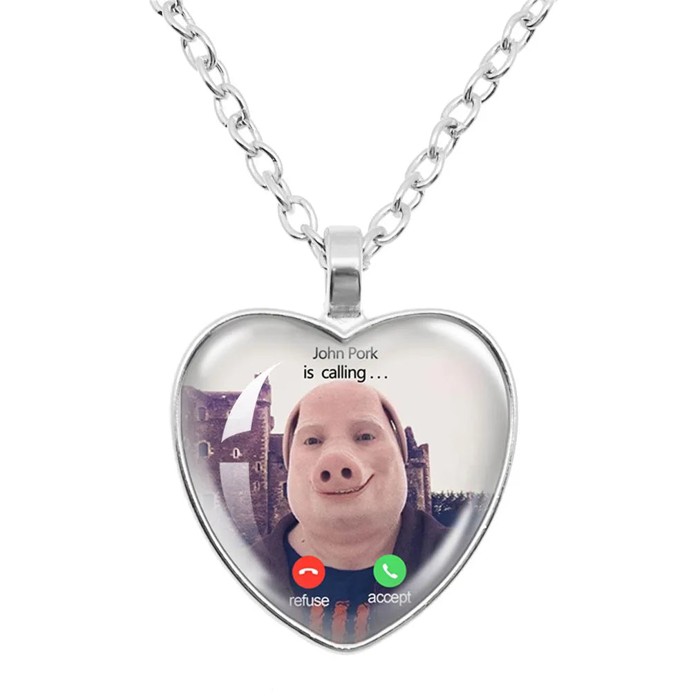 John Pork Is Calling Answer Phone Humor Funny Pig Lover Heart Pendant Necklace | Funny Gift Jewelry