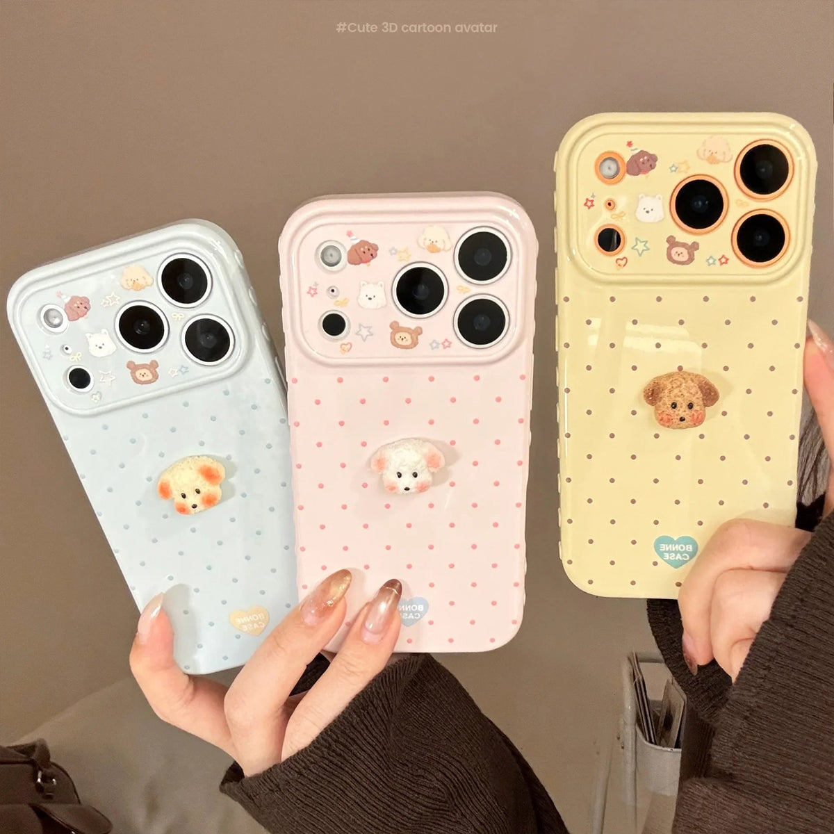Korean Polka Dots 3D Cartoon Puppy Phone Case For iPhone 17 16 15 14 13 12 Pro Max Candy Colors Shockproof Protective Soft Cover