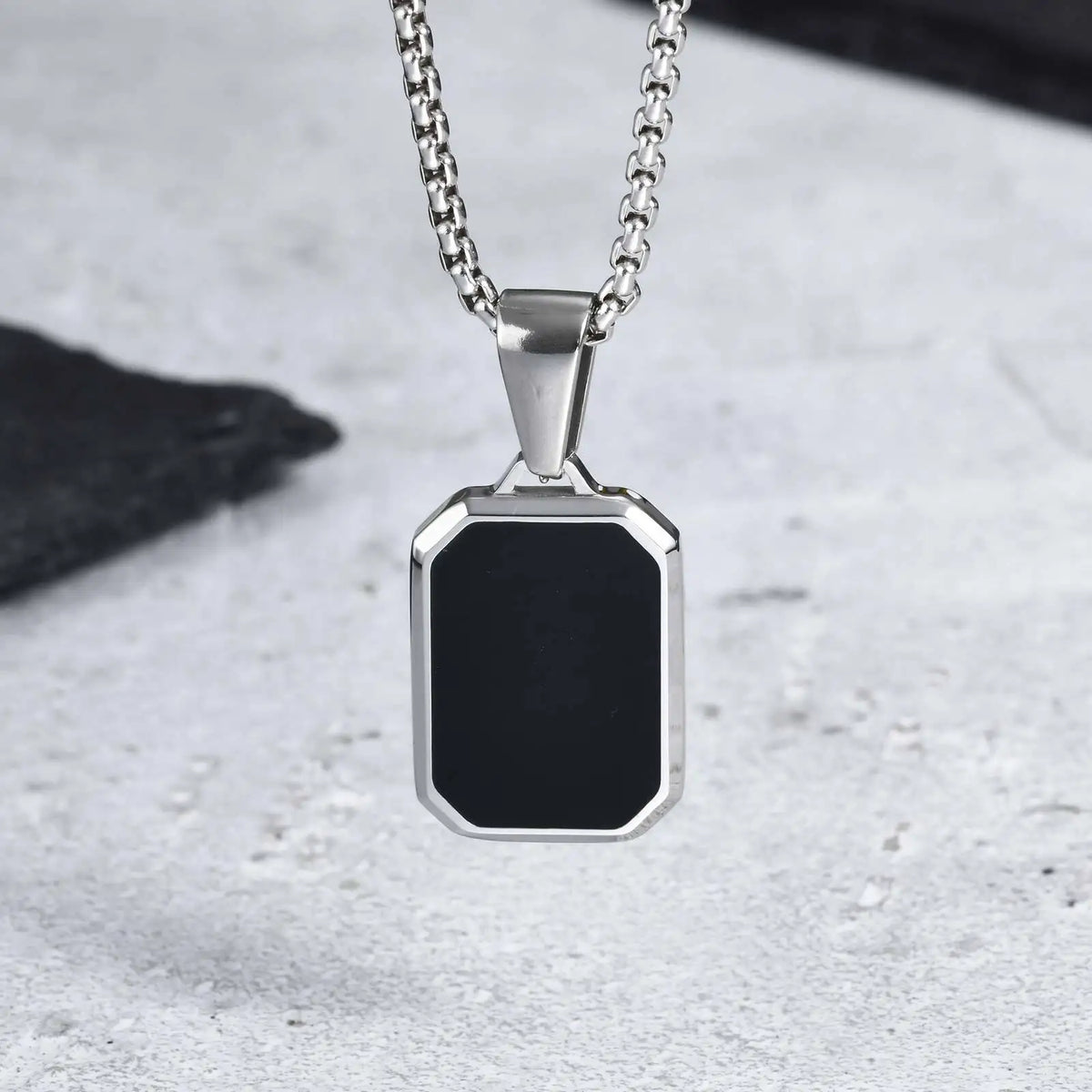Men's Geometric Square Necklace | Black Enamel Rectangle Pendant with Rope Chain