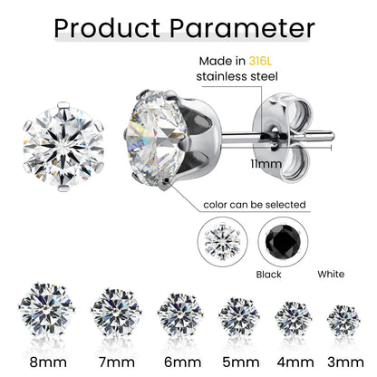Stainless Steel Cubic Zirconia Stud Earrings Set | 12 Color Hypoallergenic Earrings for Sensitive Skin