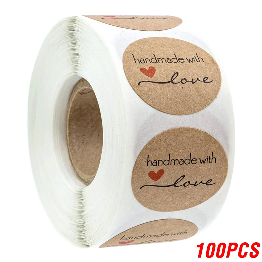 Vintage Kraft Paper Stickers | Handmade With Love Thank You Labels for Packaging and Gifts