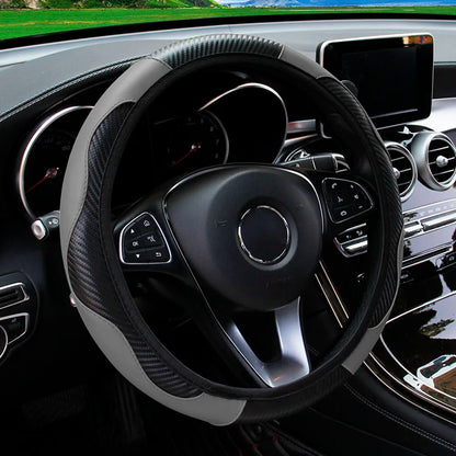 PU Carbon Fiber Leather Car Steering Wheel Cover | 14.5-15 Inch Grip Enhancer