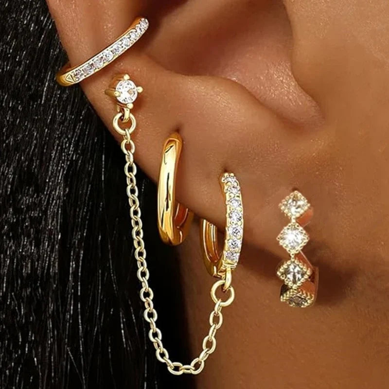 4PC Chain Huggie Earring Set | Flower Tragus Hoop Earrings for Women