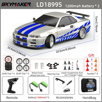 Skymaker LDRC 1/18 RC Drift Car LD1899 GTR Mode R34 2.4GHz RWD with Gyroscope on-Road Alloy Body Shell Racing Car for Boys Gifts