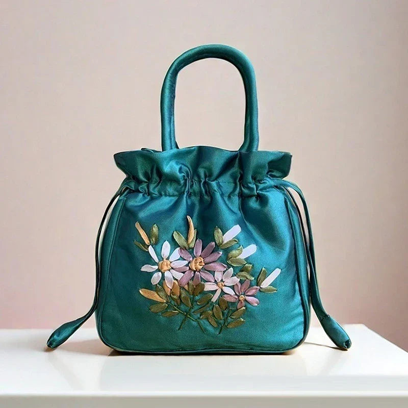 ZTBBAO Embroidered Flower Bucket Bag | Small Top Handle Handbag for Women