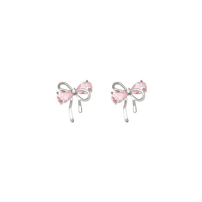 925 Sterling Silver Bow Pink Zircon Stud Earrings | Women's Wedding Fine Jewelry