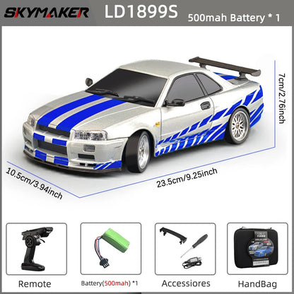 Skymaker LDRC 1/18 RC Drift Car LD1899 GTR Mode R34 2.4GHz RWD with Gyroscope on-Road Alloy Body Shell Racing Car for Boys Gifts