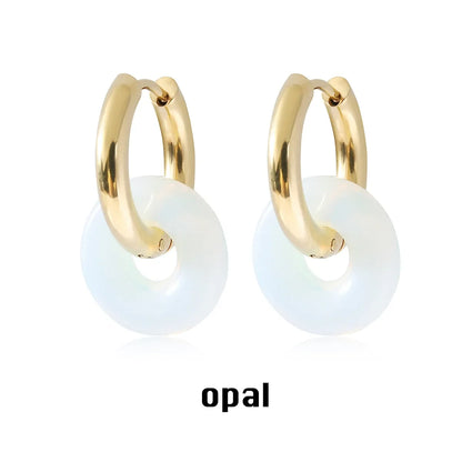 Natural Stone Double Hoop Earrings | Crystal Circle Dangle Drops for Women