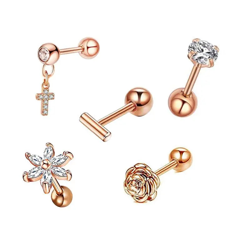 5PCS Heart Tragus Piercing Stud Earring Set | Small Lobe Stud Earrings Cartilage Piercing Helix Jewelry Barbell Stud Piercing Lot