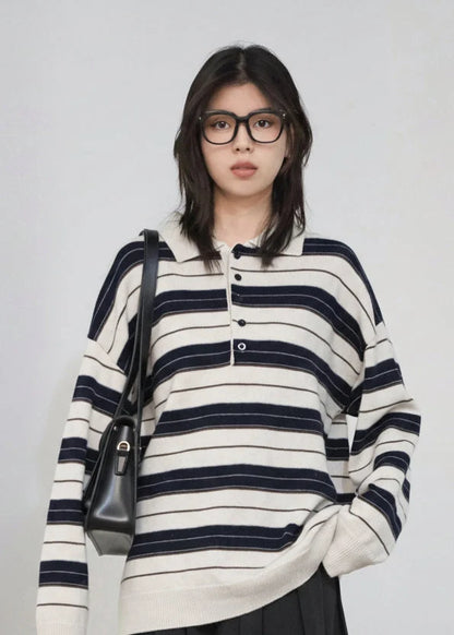 Striped Polo Collar Sweater Casual Knit Pullover