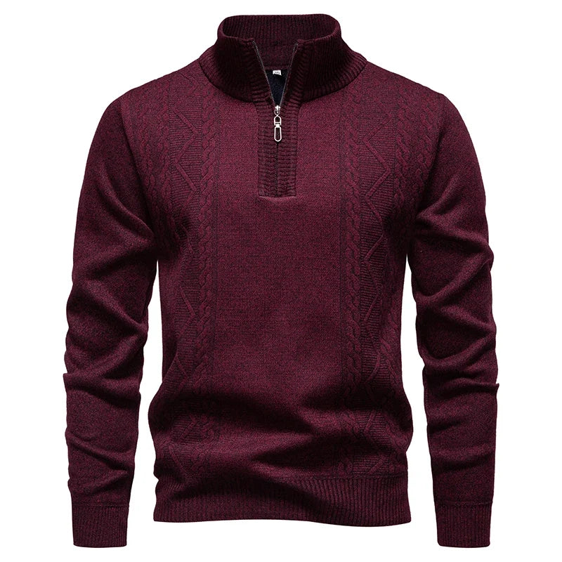 Winter Fleece-Lined Stand Collar Half-Zip Pullover Knitted Sweater for Men,Multi-Color Versatile Casual  Men's Knit Sweater