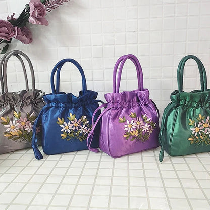 Small Embroidered Flower Bucket Bag | Women's Top Handle Drawstring Purse