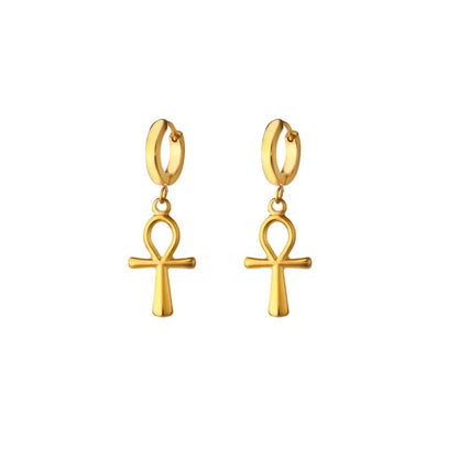 18K Gold Plated Portrait Coin Earrings | Stainless Steel Jesus Cross Dangle Huggie Earrings