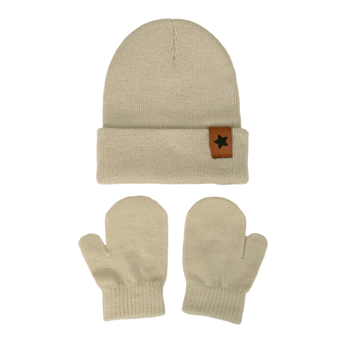 Baby Knitted Hat and Glove Set | Solid Winter Turban with Leather Star Tag