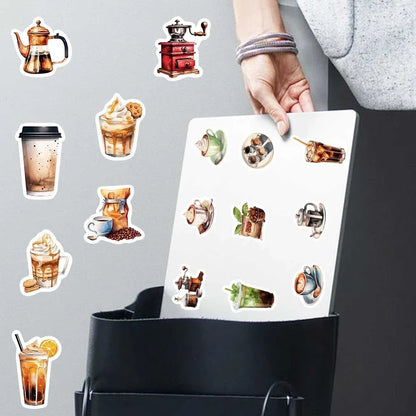 50 Cartoon Coffee Themed Stickers | Waterproof Decals for Laptops Helmets and Gear