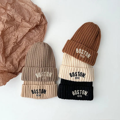 Boston Knitted Baby Hat with Letter Design | Winter Ear Protection Cap