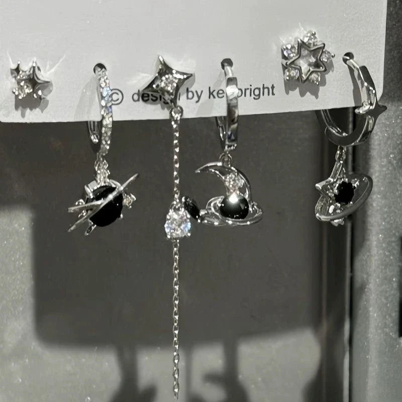 6PCS Goth Punk Vintage Aesthetic Crystal Heart Moon Cross Star Pendant Earrings Set | Grunge Y2K Jewelry