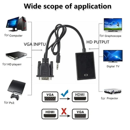 VGA to HDMI-Compatible Converter | Audio Video Adapter for Laptop PC TV Projector
