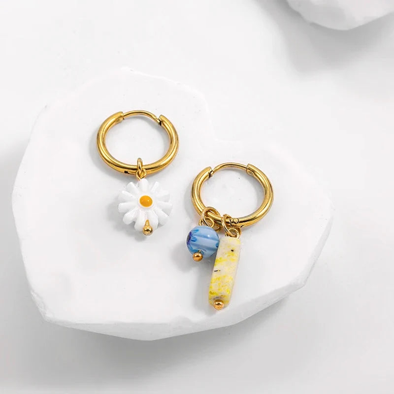 Trendy Asymmetry Pearl Drop Earrings | Stainless Steel Huggie Hoops for Women