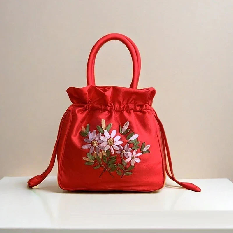 ZTBBAO Embroidered Flower Bucket Bag | Small Top Handle Handbag for Women