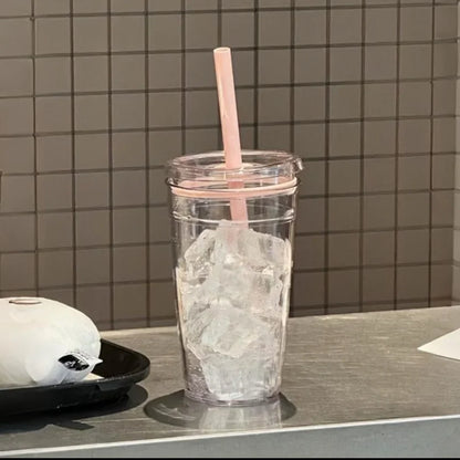 450ml Korean Style Straw Cup | Transparent Multi-Color Plastic Coffee Cup