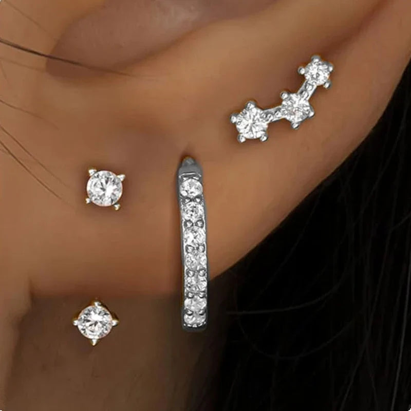 3Pcs Double Crystal Tragus Earring Floral Set | Cartilage Helix Stud Earrings Bulk Lobe Hoop Earring Lot Women Fashion Jewelry Gift