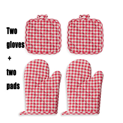Anti Scald Oven Gloves Set | Cotton Lined Thick Kitchen Gloves with Red Checkered Design