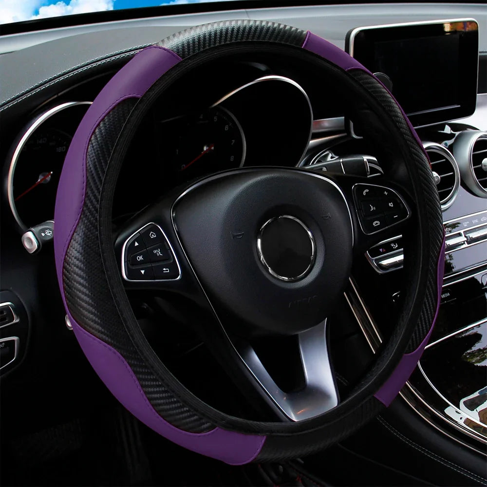 PU Carbon Fiber Leather Car Steering Wheel Cover | 14.5-15 Inch Grip Enhancer