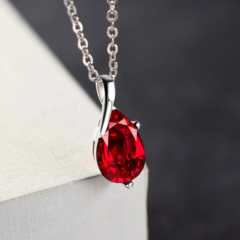 S925 Sterling Silver Angel Tears Crystal Red Pendant Necklace | Fine Jewelry Gift for Women