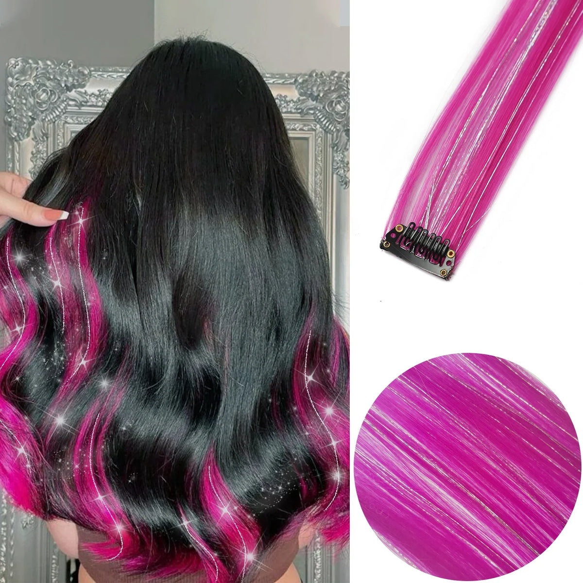 Clip in Hair Extensions 6pcs/pack Colored Party Highlights 22 inches Multi-colors Straight Hair Synthetic Hairpieces Purple Pink