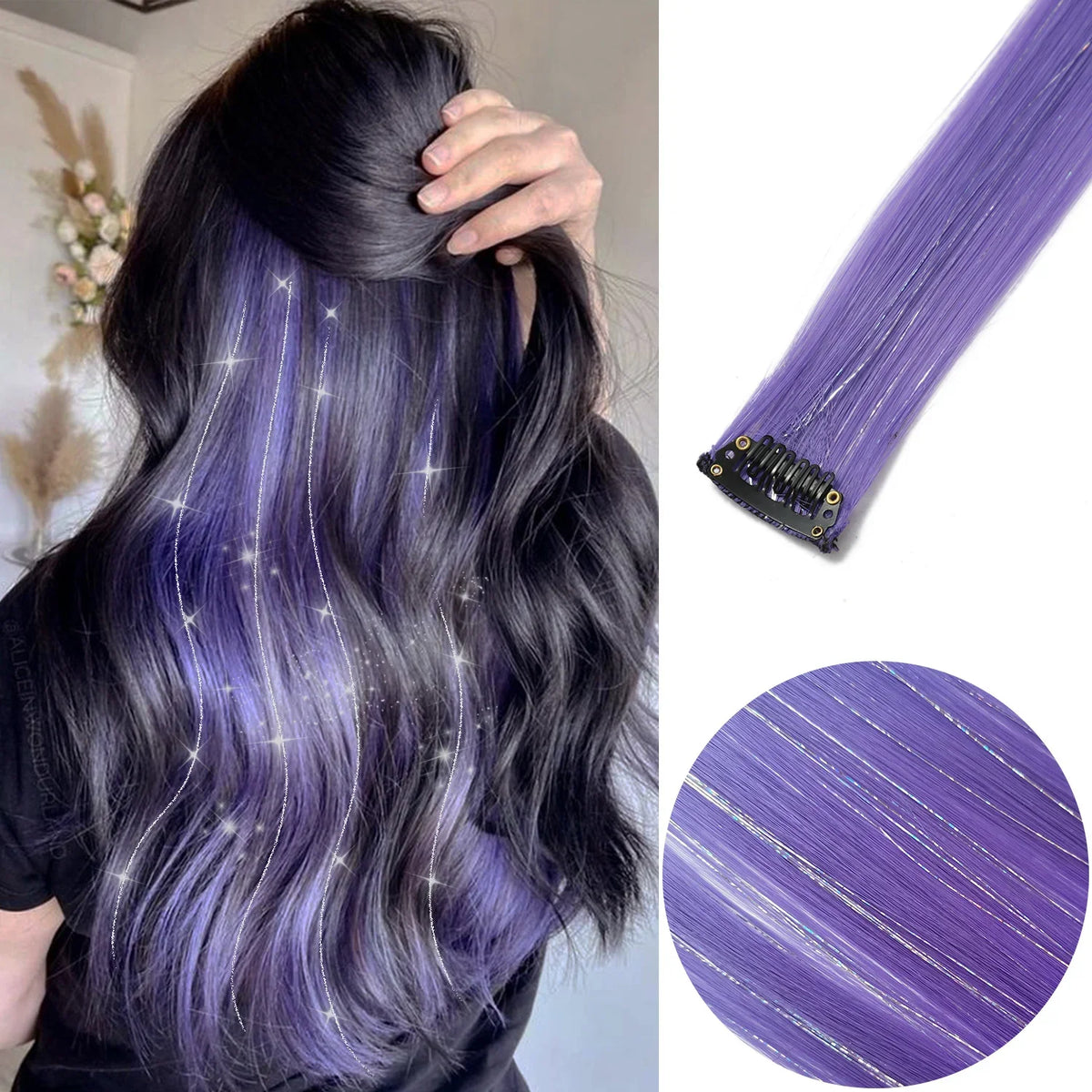 Clip in Hair Extensions 6pcs/pack Colored Party Highlights 22 inches Multi-colors Straight Hair Synthetic Hairpieces Purple Pink