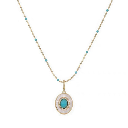 Natural Turquoise Oval Shell Pendant Necklace | Gold Chain Collarbone Jewelry