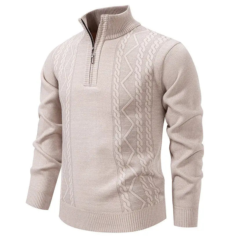 Winter Fleece-Lined Stand Collar Half-Zip Pullover Knitted Sweater for Men,Multi-Color Versatile Casual  Men's Knit Sweater
