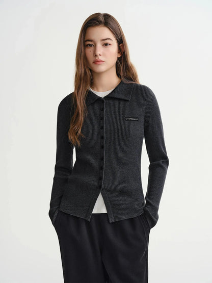 Slim-Fit Lapel Cardigan Ribbed Long Sleeve Fall Top