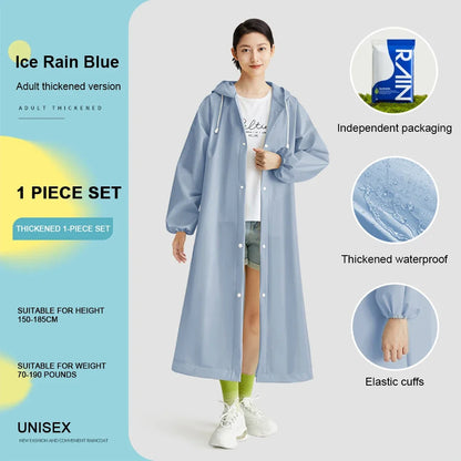 Adult Long Raincoat | Reusable Waterproof Windproof Hooded Rain Gear for Hiking and Travel