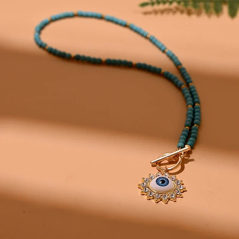 Colorful Stone Choker Necklace | Round Evil Charm Pendant for Women