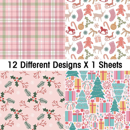 12pcs Retro Christmas Scrapbook Paper | Christmas Tree Design Single Sided DIY Craft Paper for Journal Card Making Gift Decoration
