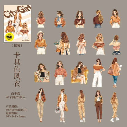 20pcs Fashion Girl Wear Stickers Set | Trendy Character Decals for Laptop Scrapbooking Diary DIY Collage Junk Journal