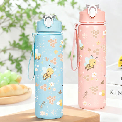 Sweet Honeycomb Bee Pattern Reusable Plastic Water Bottle | Lightweight Leakproof Flip Top Cup for Kids Girls