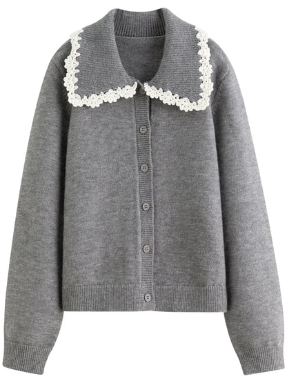 Floral Embroidered Cardigan Sweet Lace Trim Knit