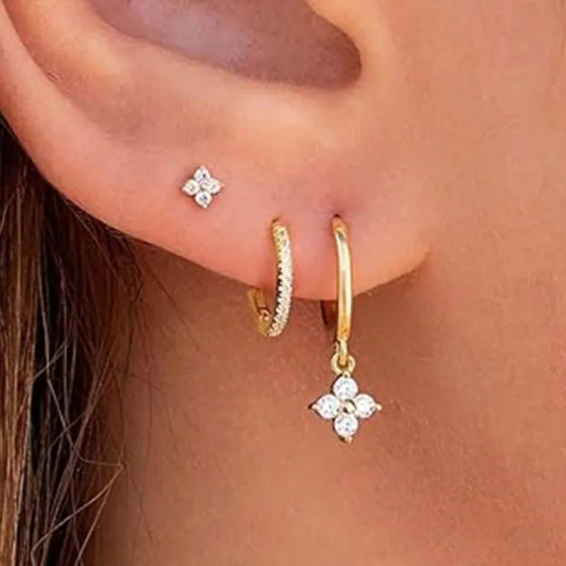 3Pcs Crystal Tragus Stud Earring Set | Flower Cartilage Huggie Earring Bulk Helix Jewelry Women Fashion Heart Lobe Earring Pack