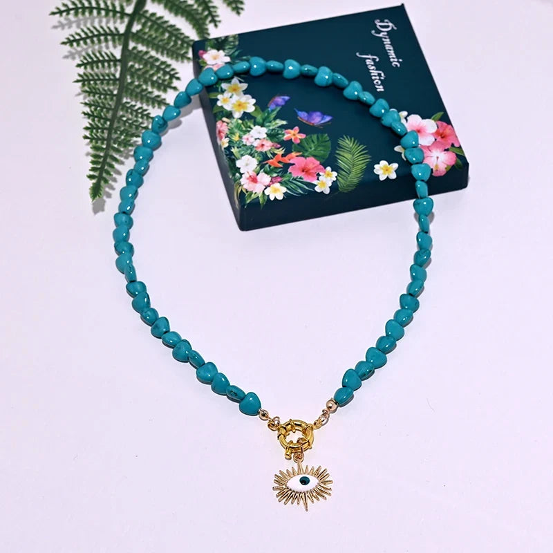 Heart Choker Necklace with Colorful Beads | Bohemian Eye Pendant Set for Women