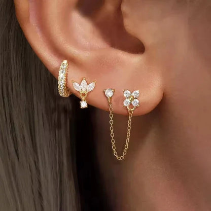 3PCS Stainless Steel Crown Chain Tassel Earring Set | Drop Flower Stud for Women