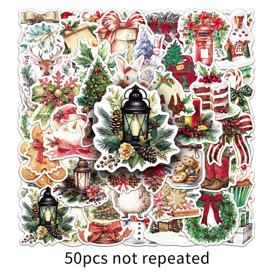 50 Pieces Vintage Watercolor Christmas Stickers | Holiday Journaling Decorative Pack