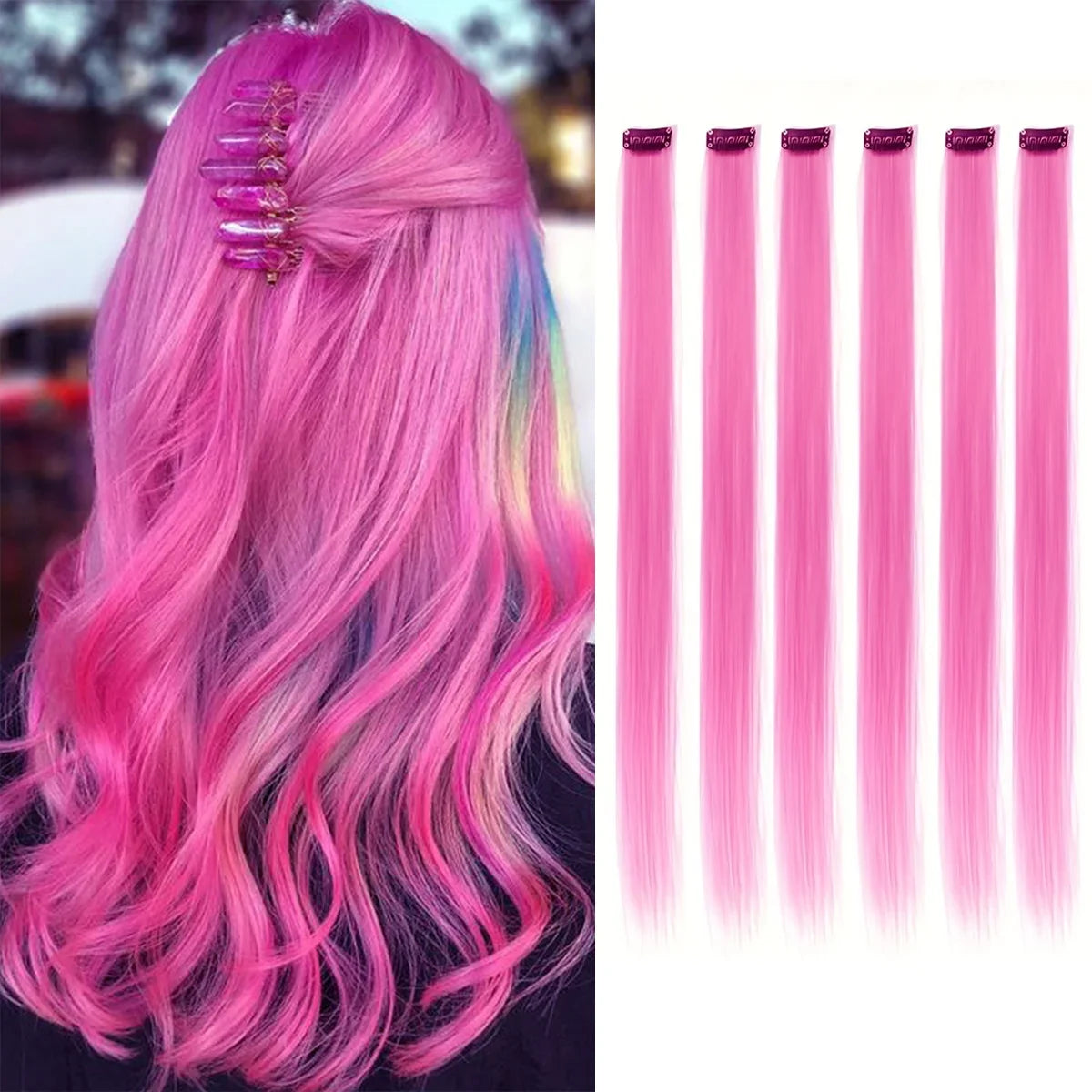 Clip in Hair Extensions 6pcs/pack Colored Party Highlights 22 inches Multi-colors Straight Hair Synthetic Hairpieces Purple Pink