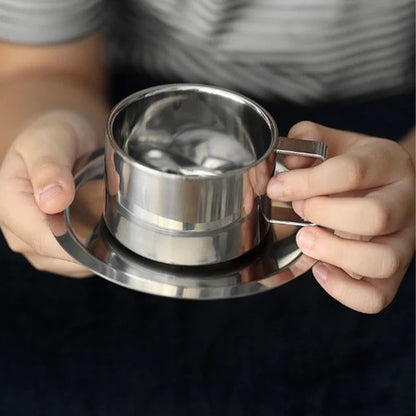 Double Wall Stainless Steel Coffee Cup Set | 180ml/200ml Hot Drink Set with Saucer and Spoon