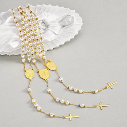 Vnox Pearl Rosary Beaded Necklace | Virgin Mary Religious Cross Jewelry for Women